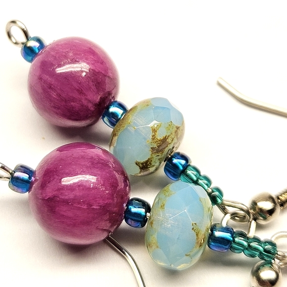 Pink and Aqua Beaded Earrings - Picture 2 of 5